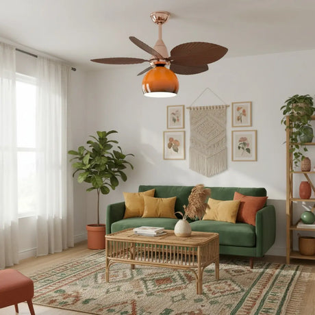 Tropical Leaf Orange Globe Remote Control Ceiling Fan Light Image - 2