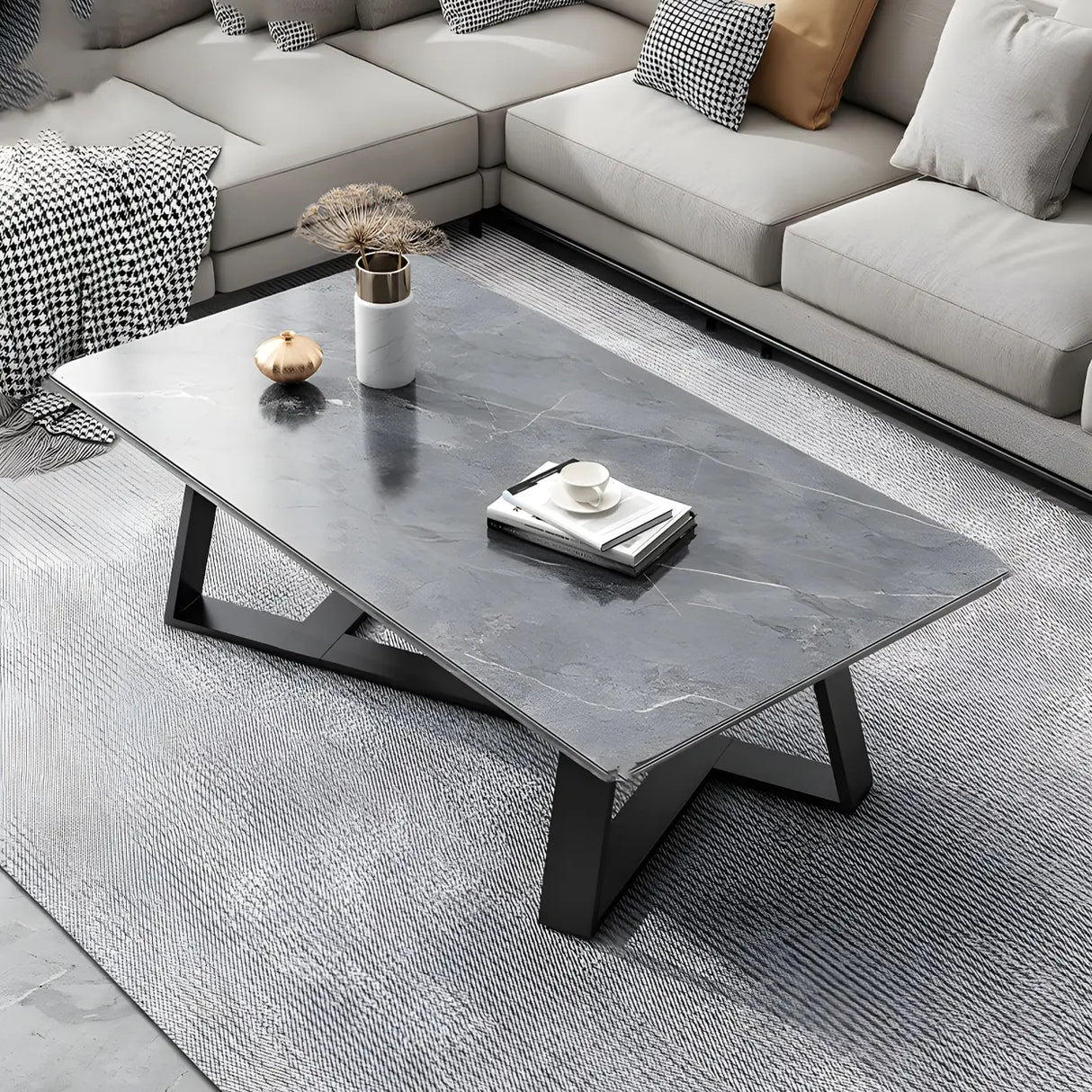 Tropical Stone Wood Rectangle Cross Legs Coffee Table Image - 11
