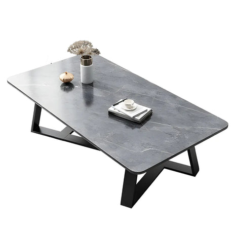 Tropical Stone Wood Rectangle Cross Legs Coffee Table Image - 5