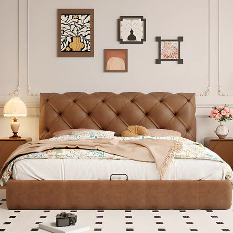 Tufted Brown King Leather Headboard Modish Panel Bed Image - 1