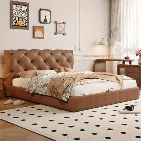 Tufted Brown King Leather Headboard Modish Panel Bed Image - 2