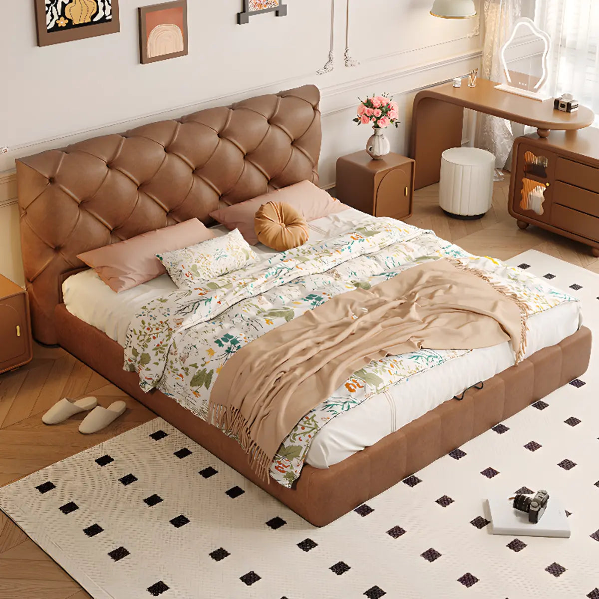 Tufted Brown King Leather Headboard Modish Panel Bed Image - 3