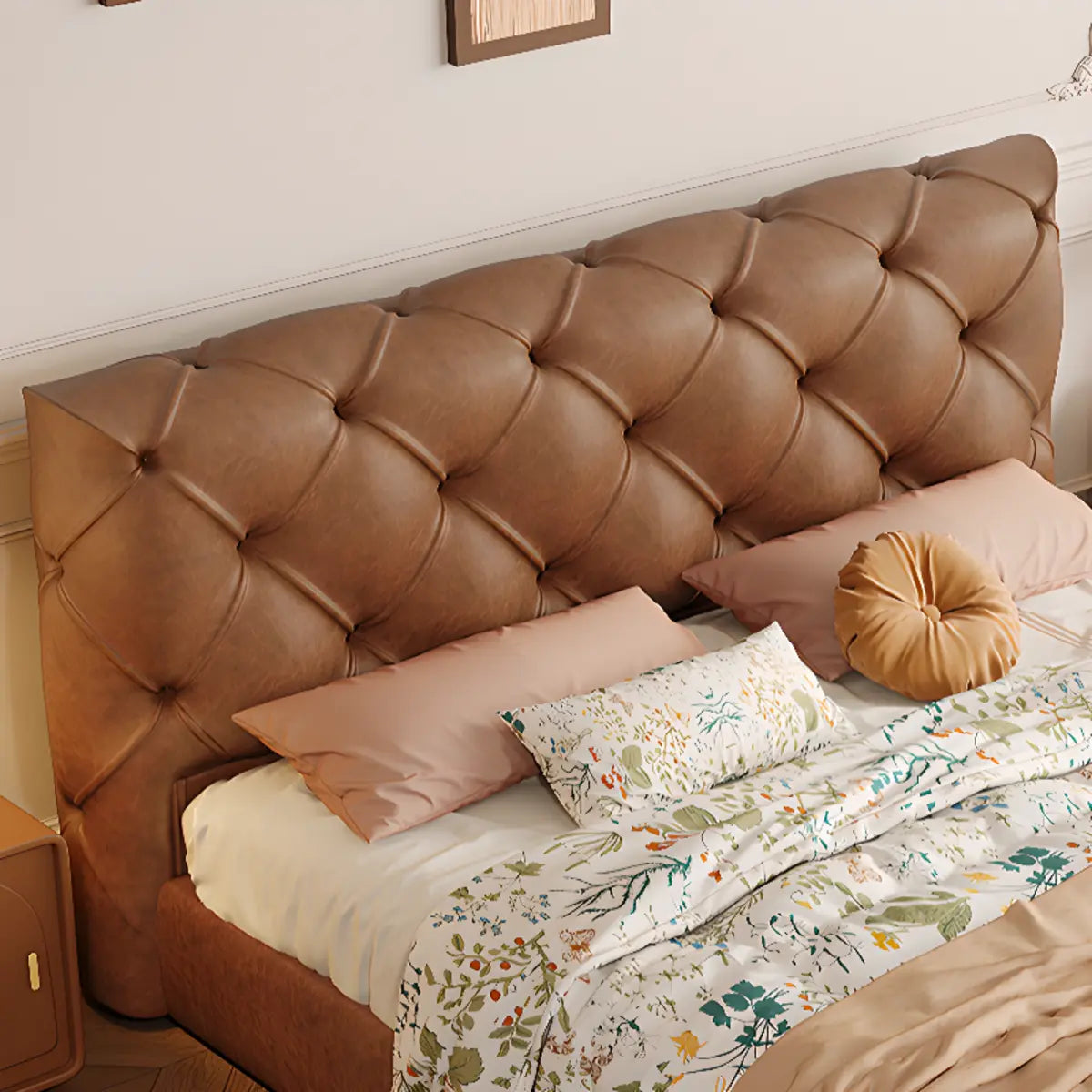 Tufted Brown King Leather Headboard Modish Panel Bed Image - 4