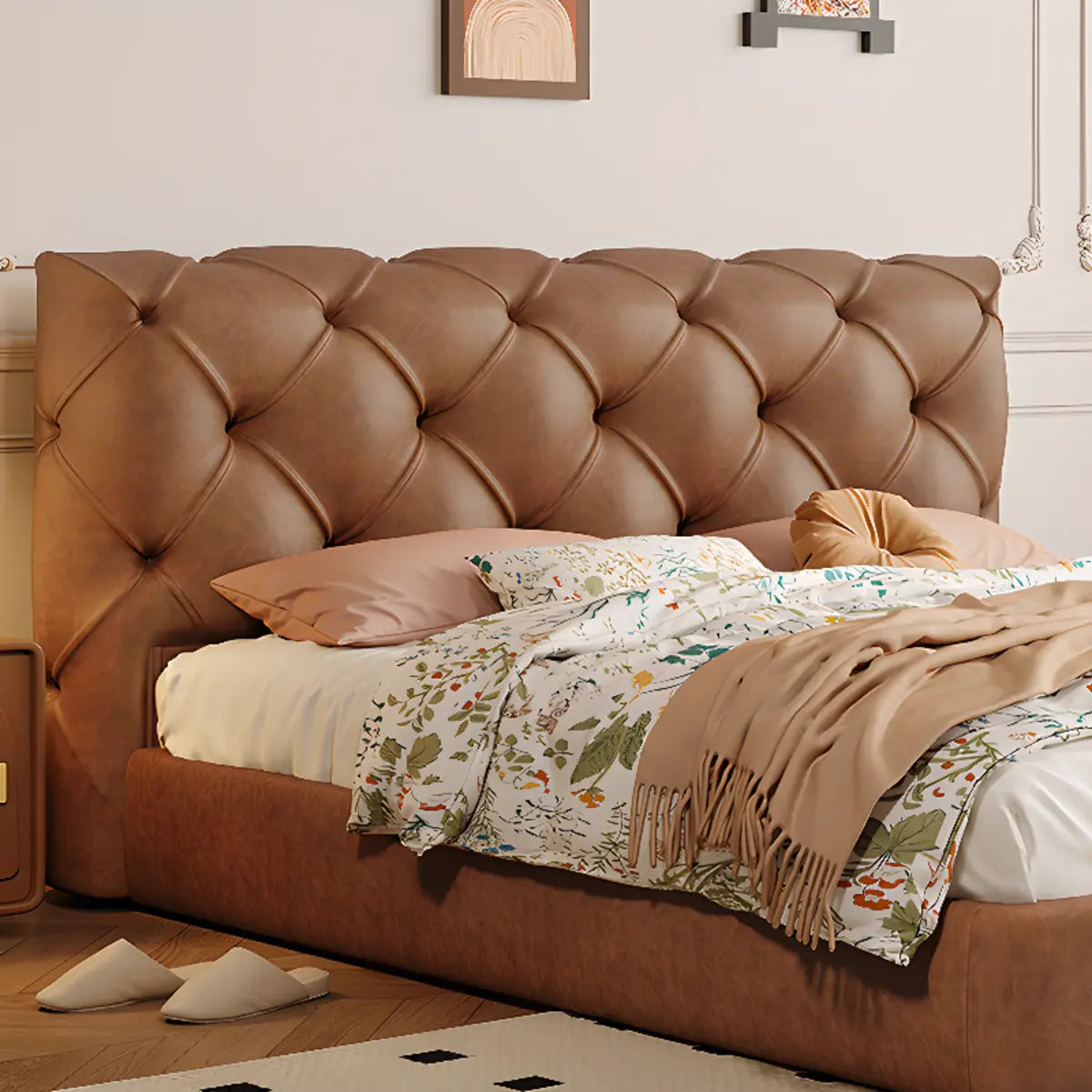 Tufted Brown King Leather Headboard Modish Panel Bed Image - 7