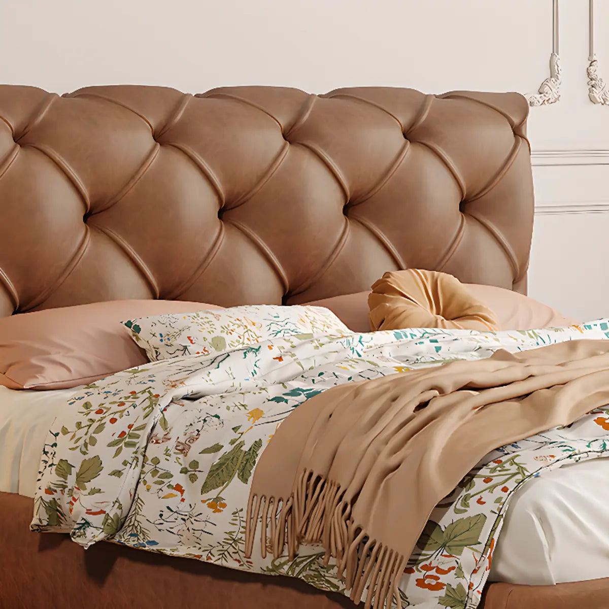 Tufted Brown King Leather Headboard Modish Panel Bed Image - 8