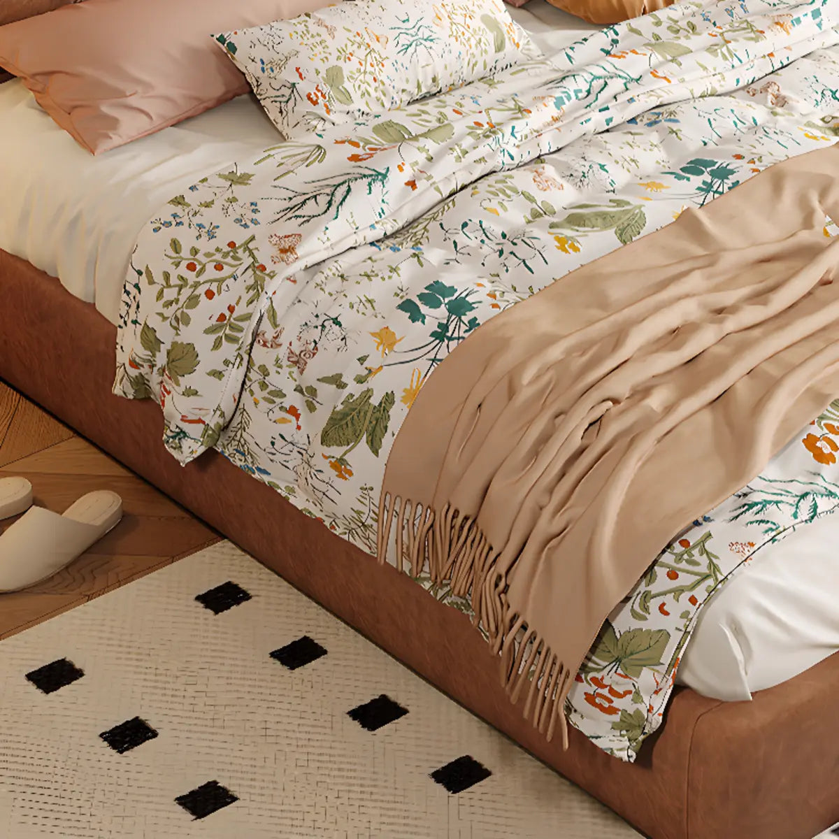 Tufted Brown King Leather Headboard Modish Panel Bed Image - 9