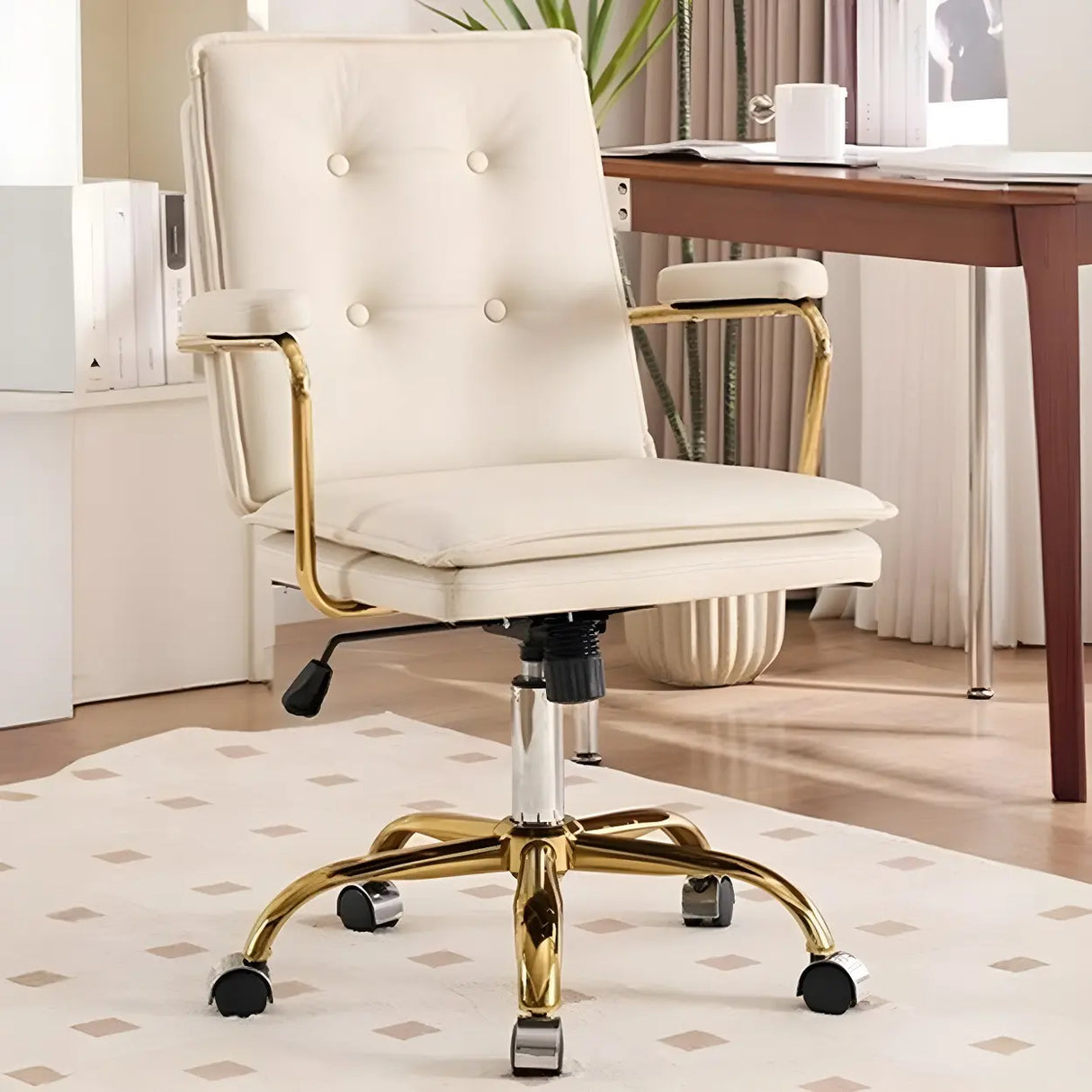 Tufted Swivel Beige Leather Adjustable Steel Office Chair Image - 1