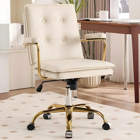 Tufted Swivel Beige Leather Adjustable Steel Office Chair Image - 1