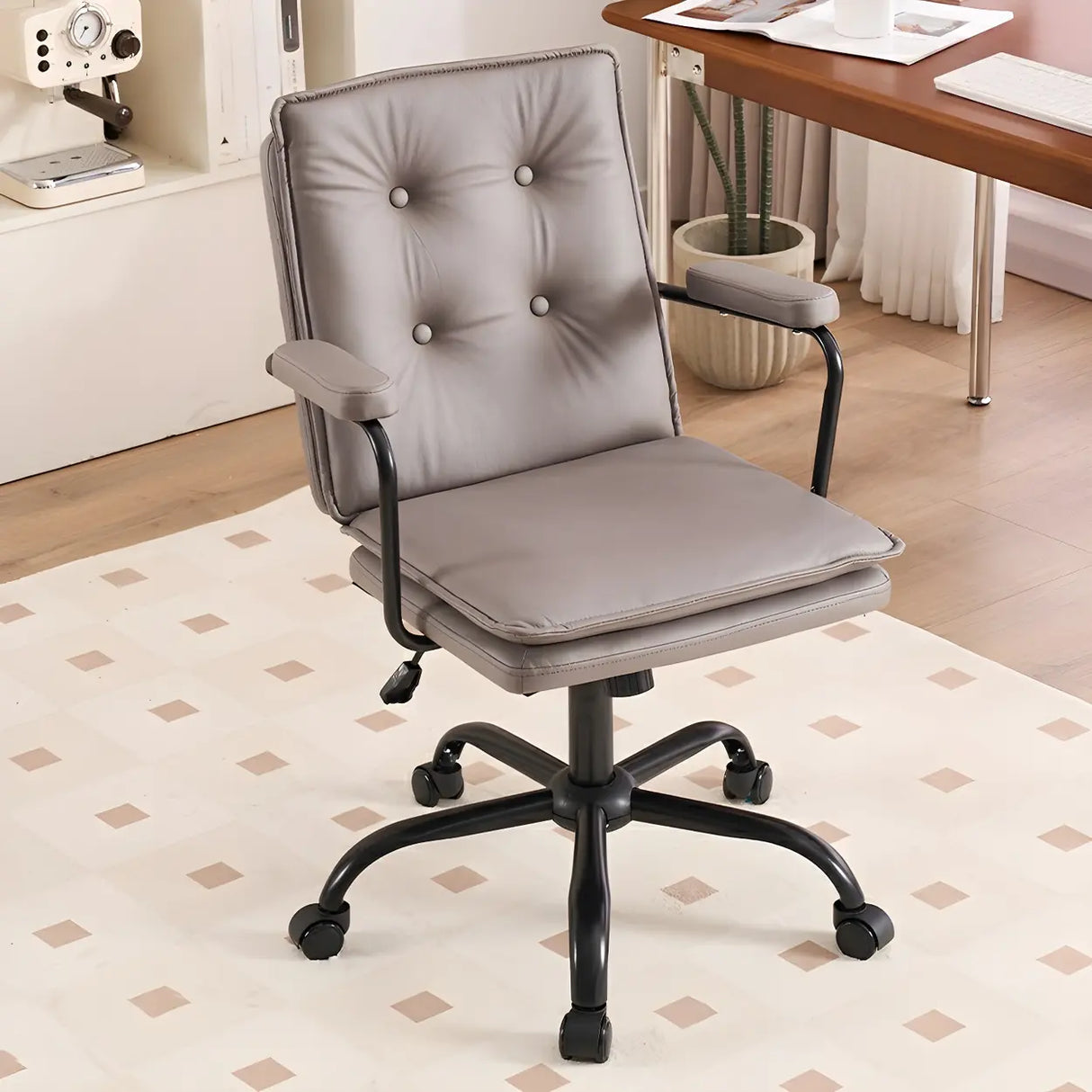 Tufted Swivel Beige Leather Adjustable Steel Office Chair Image - 14