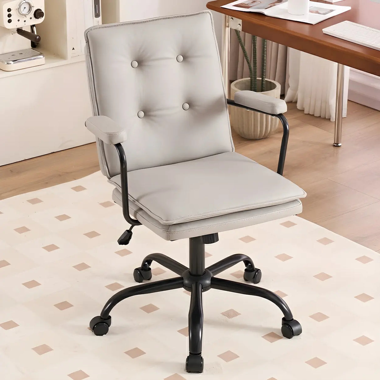 Tufted Swivel Beige Leather Adjustable Steel Office Chair Image - 16