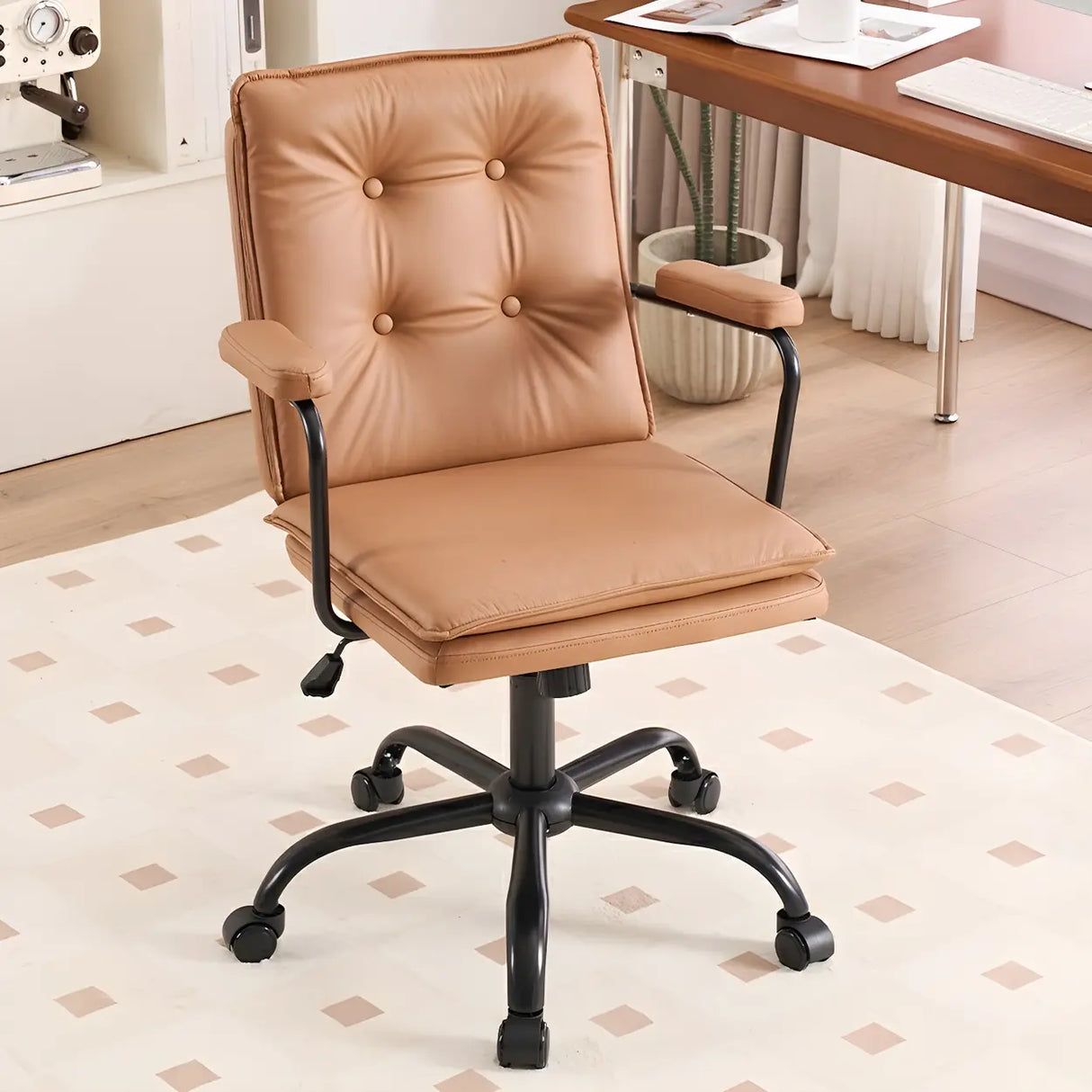 Tufted Swivel Beige Leather Adjustable Steel Office Chair Image - 17
