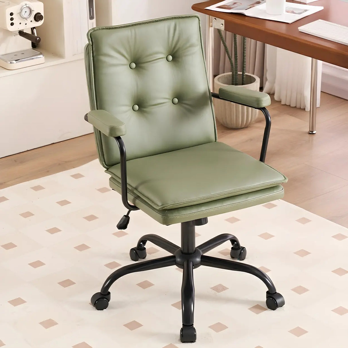 Tufted Swivel Beige Leather Adjustable Steel Office Chair Image - 18