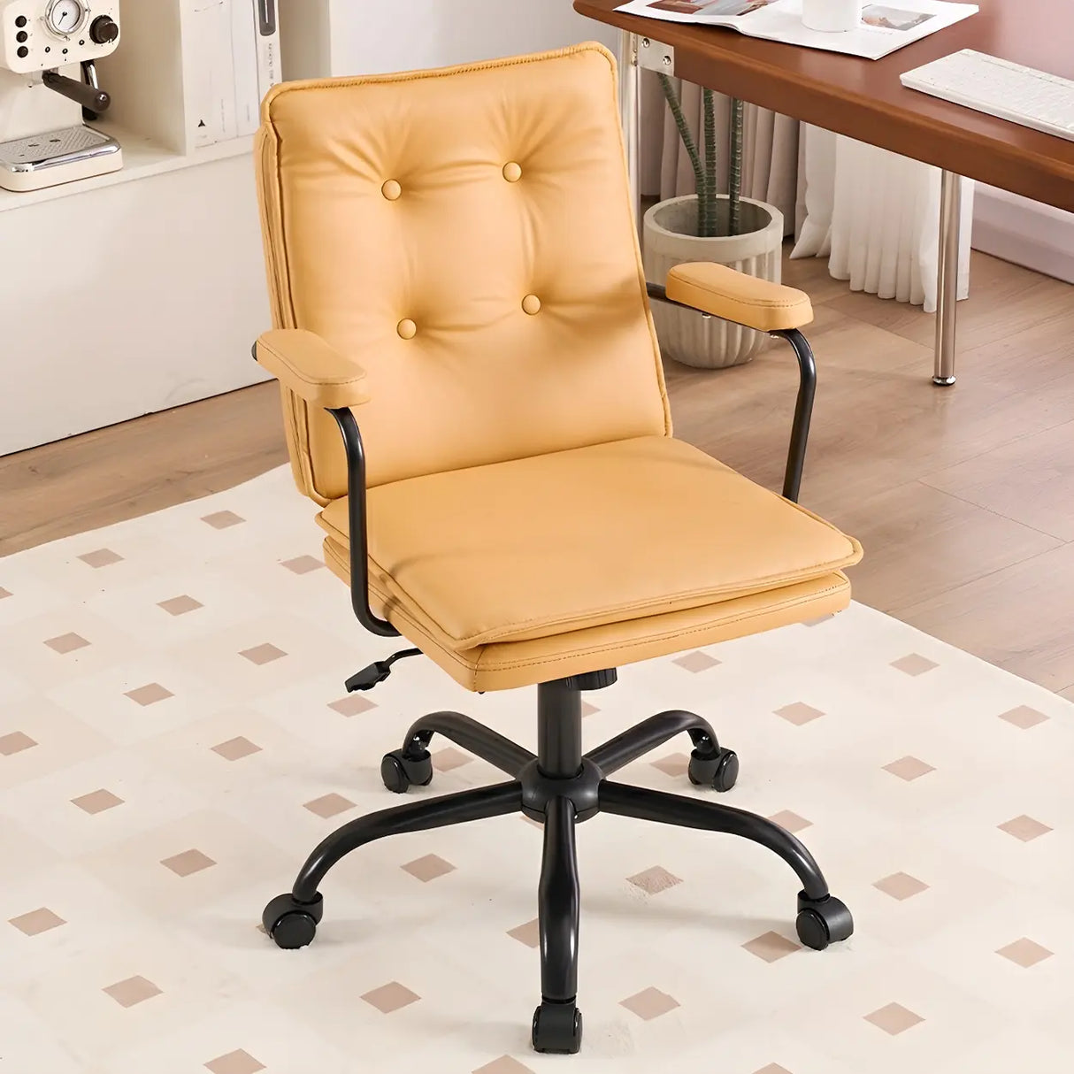 Tufted Swivel Beige Leather Adjustable Steel Office Chair Image - 19