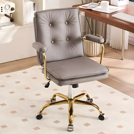 Tufted Swivel Beige Leather Adjustable Steel Office Chair Image - 2