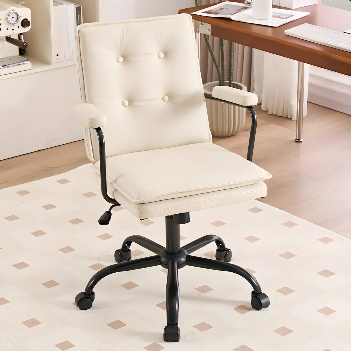 Tufted Swivel Beige Leather Adjustable Steel Office Chair Image - 20