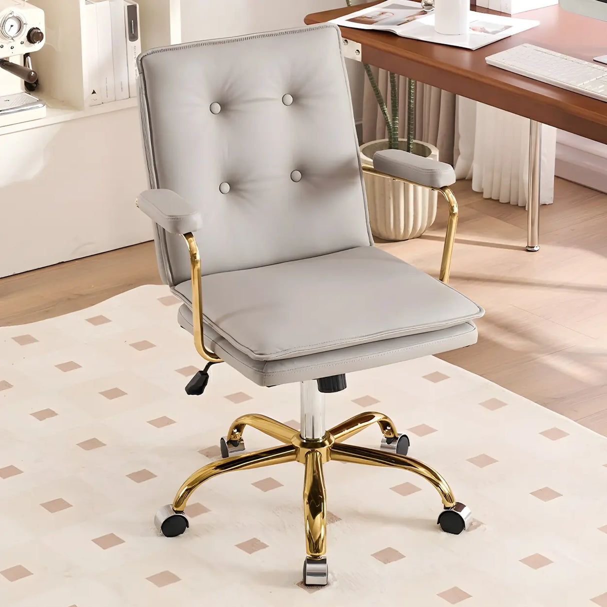 Tufted Swivel Beige Leather Adjustable Steel Office Chair Image - 3