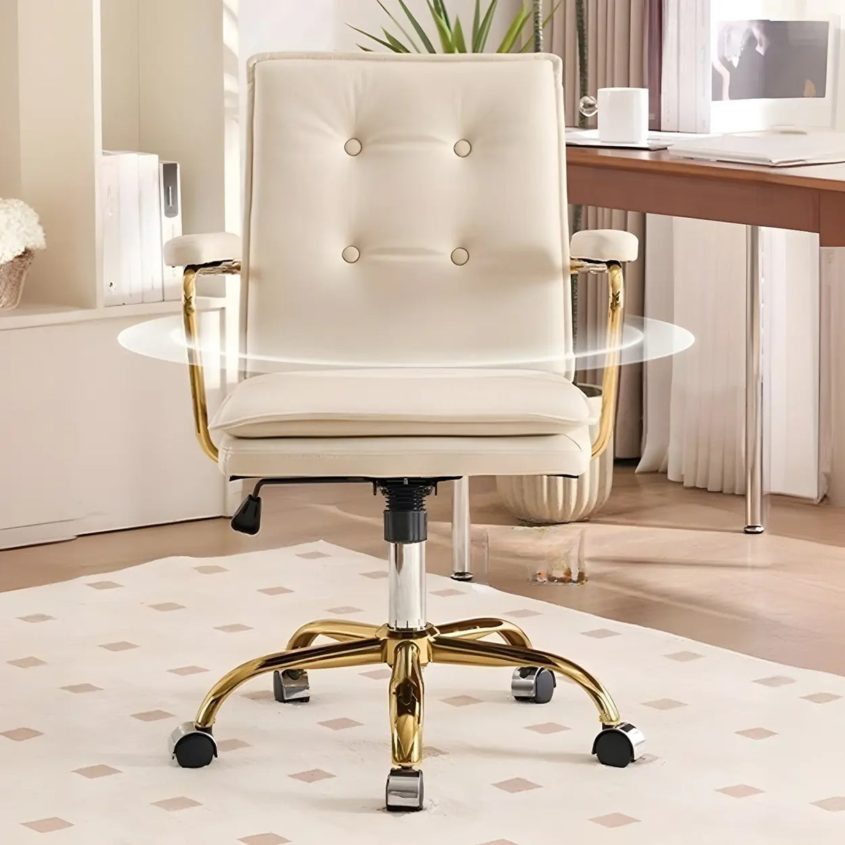 Tufted Swivel Beige Leather Adjustable Steel Office Chair Image - 4