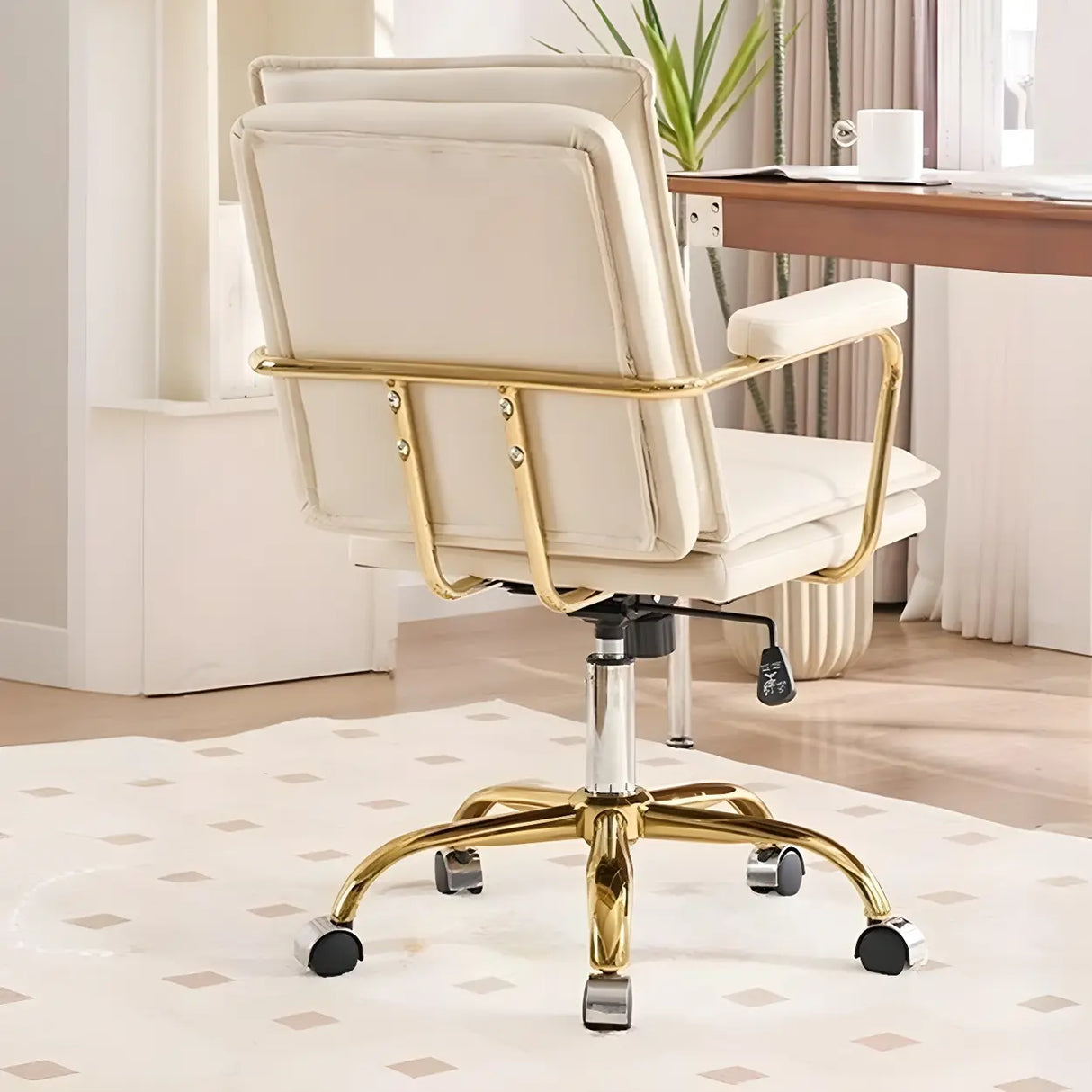 Tufted Swivel Beige Leather Adjustable Steel Office Chair Image - 5