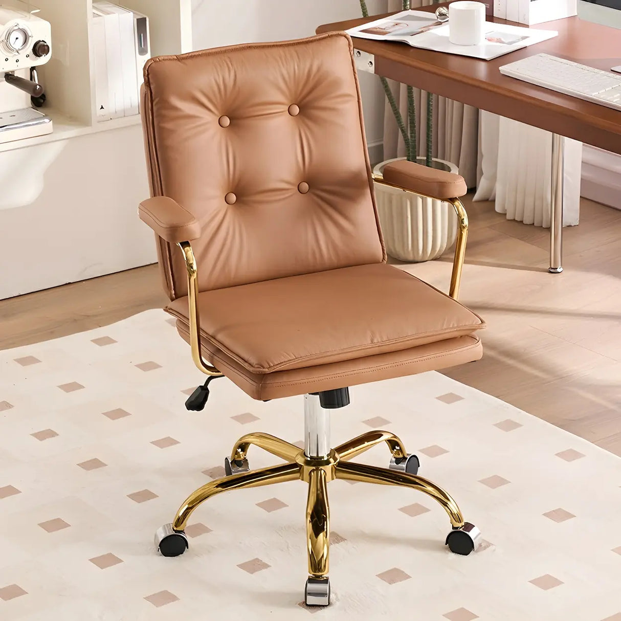 Tufted Swivel Beige Leather Adjustable Steel Office Chair Image - 6