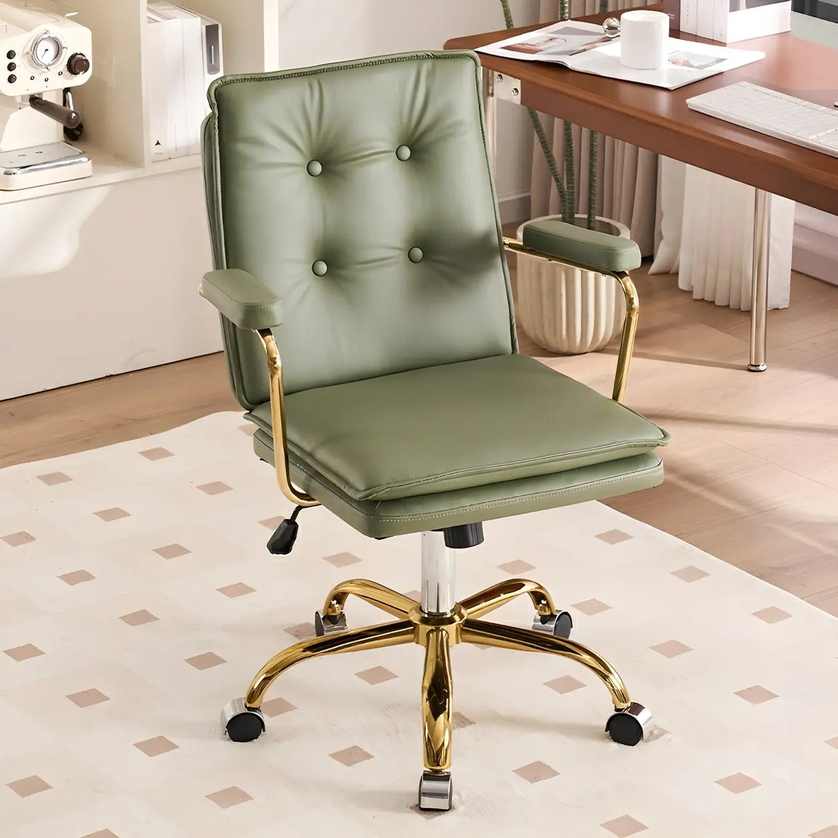 Tufted Swivel Beige Leather Adjustable Steel Office Chair Image - 7