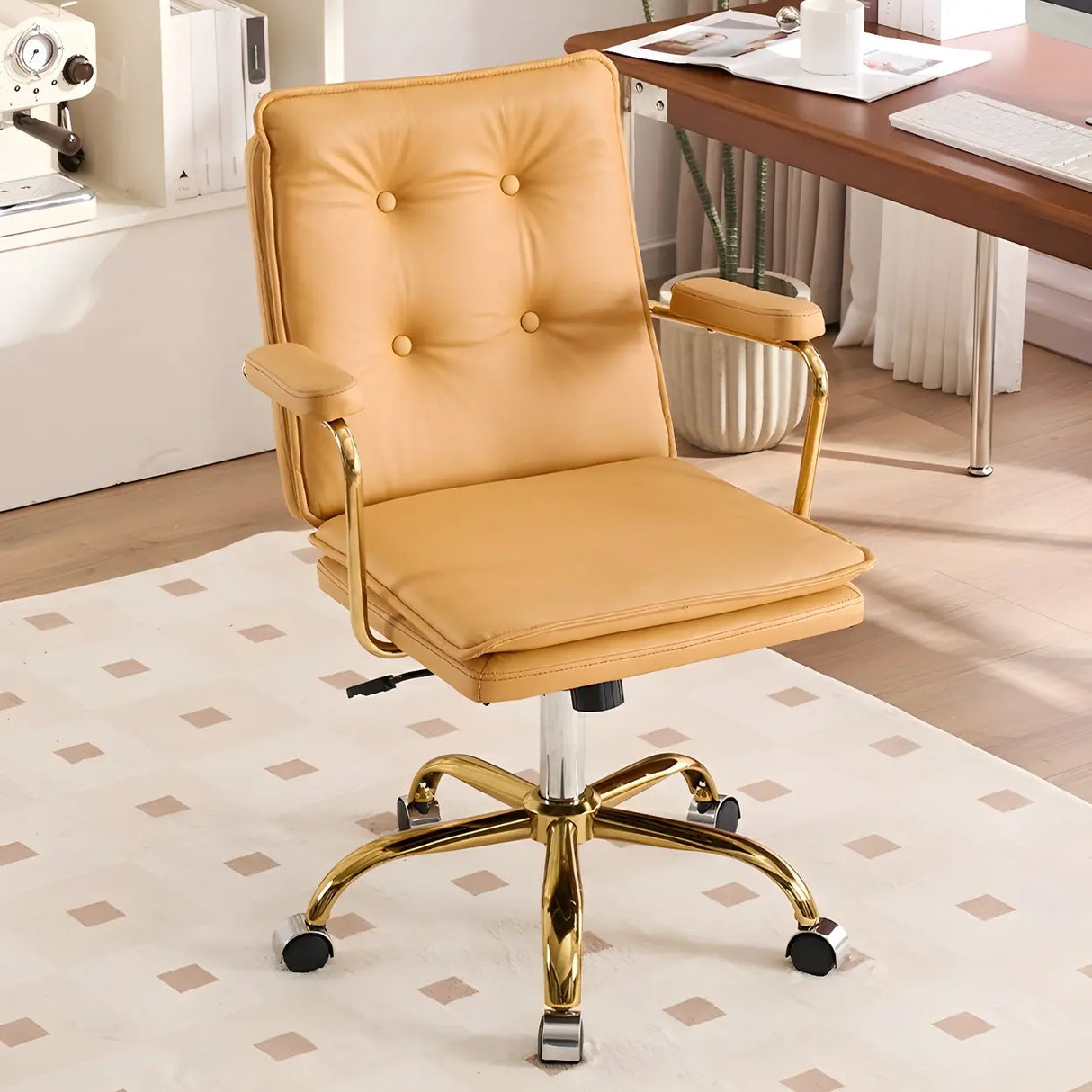 Tufted Swivel Beige Leather Adjustable Steel Office Chair Image - 9