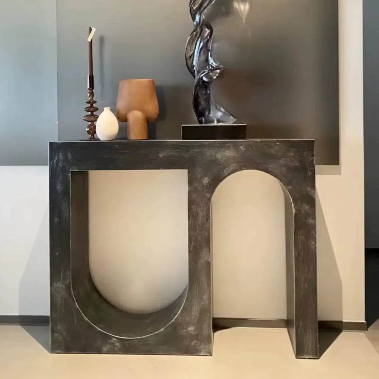 U-Shaped Double Pedestal White Wood Entryway Console Table Image - 3