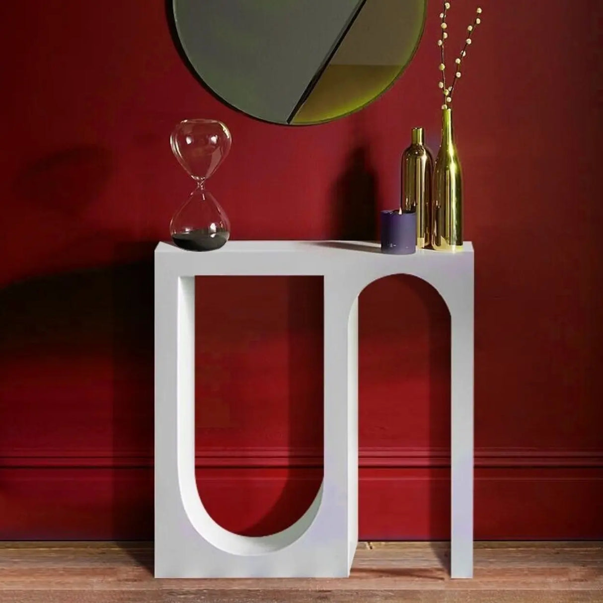 U-Shaped Double Pedestal White Wood Entryway Console Table Image - 6