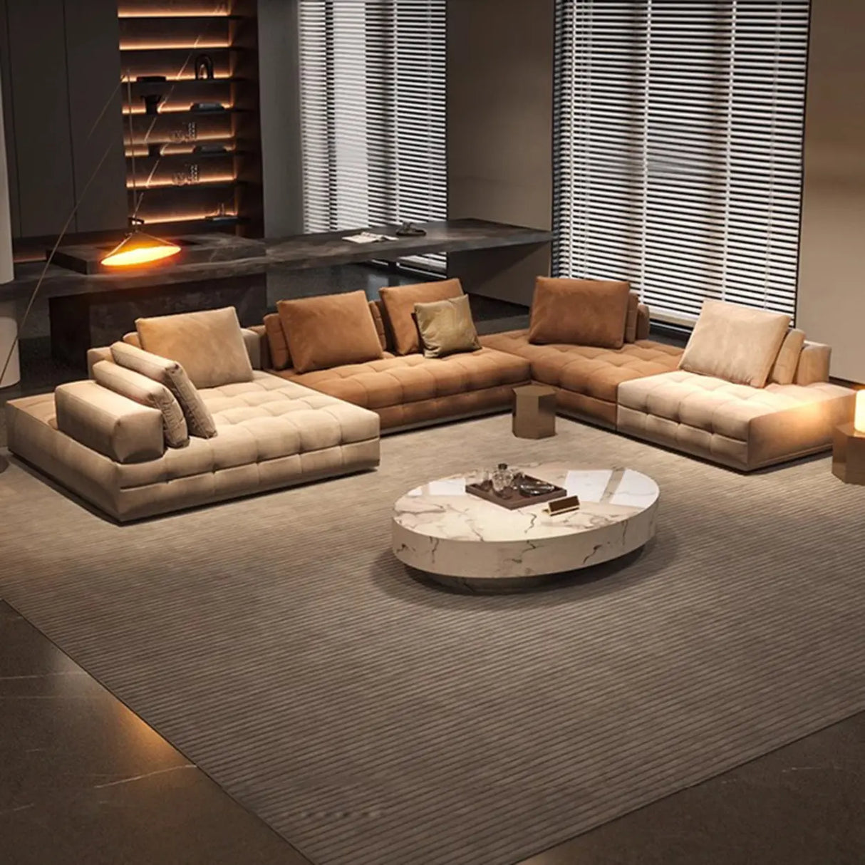 U-Shaped Fabric Brown Large Reclining Sectional Sofa Set Image - 1