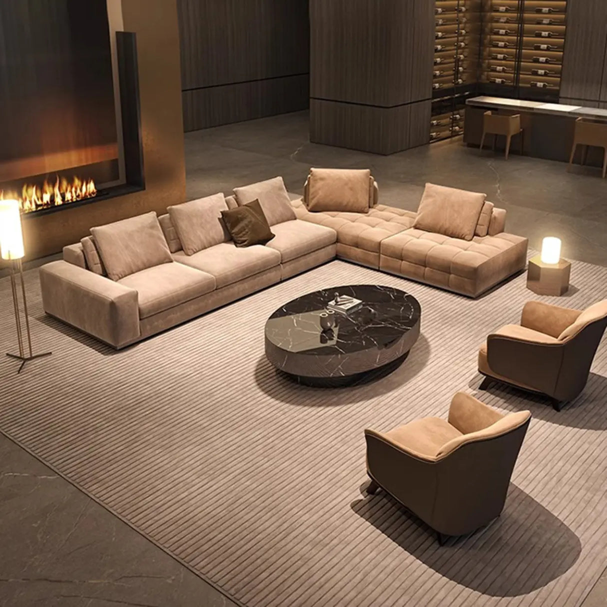 U-Shaped Fabric Brown Large Reclining Sectional Sofa Set Image - 4