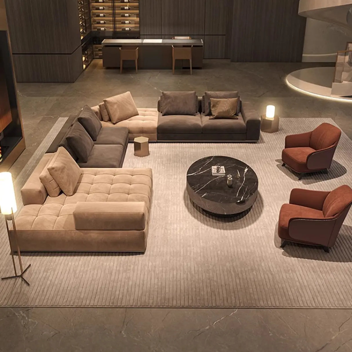 U-Shaped Fabric Brown Large Reclining Sectional Sofa Set Image - 6