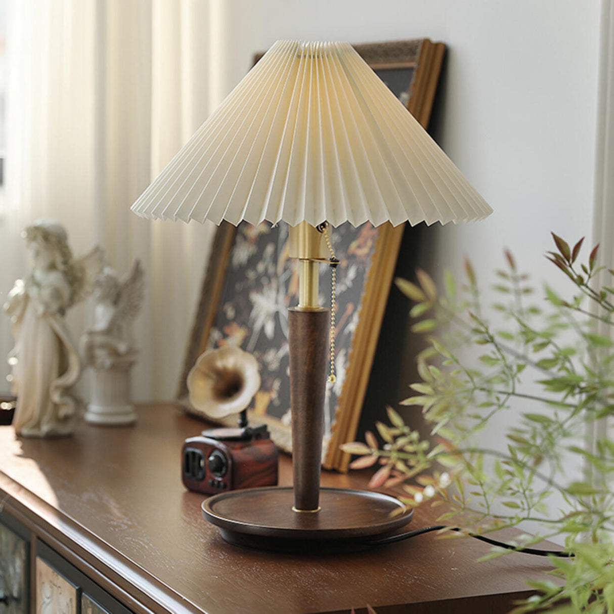 Umbrella Shape Wooden Table Lamp with Pull Chain Switch Image - 2