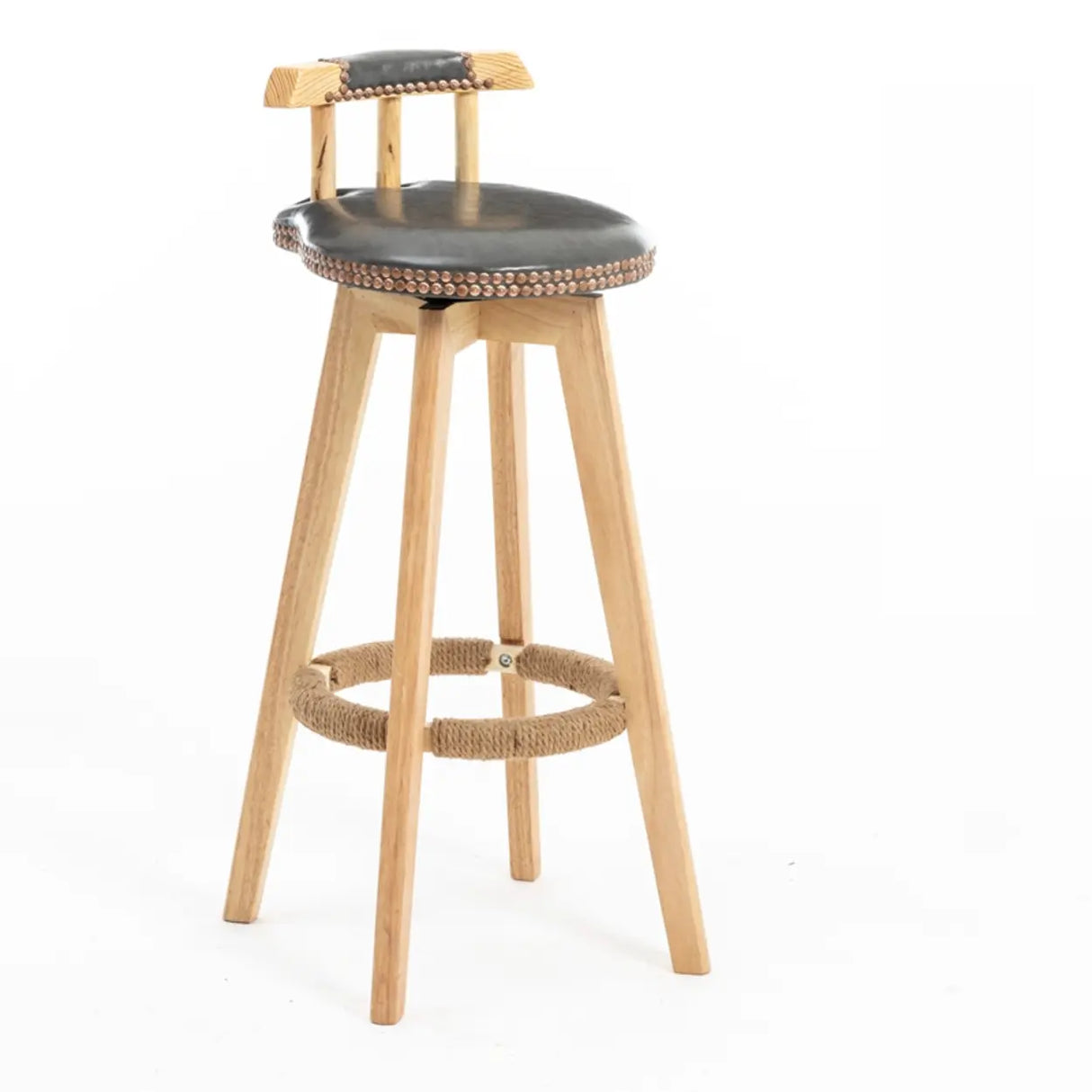 Unfinished Wood Round Low Back Leather Bar Stools Image - 12