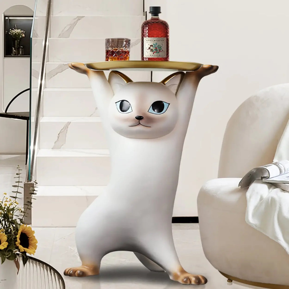 Unique Cat Figurine Resin White Decorative Side Table Image - 1