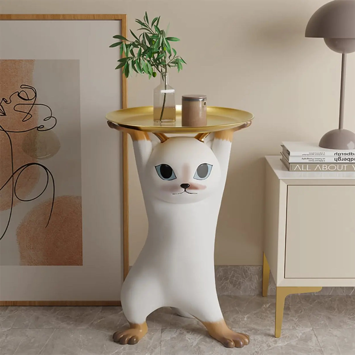 Unique Cat Figurine Resin White Decorative Side Table Image - 2