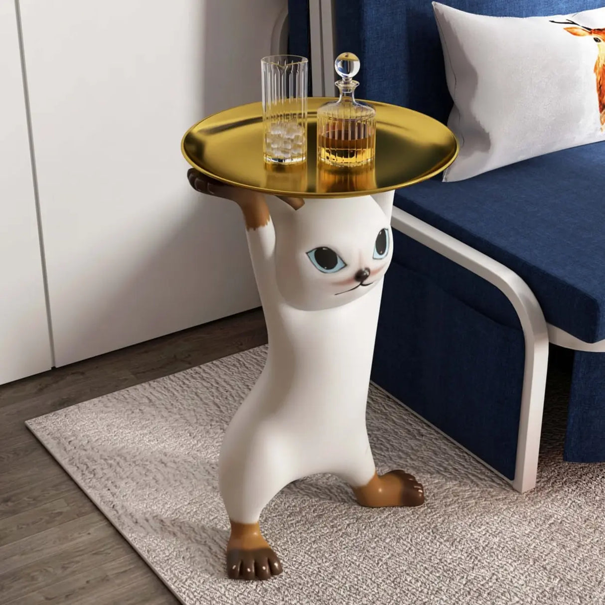Unique Cat Figurine Resin White Decorative Side Table Image - 3