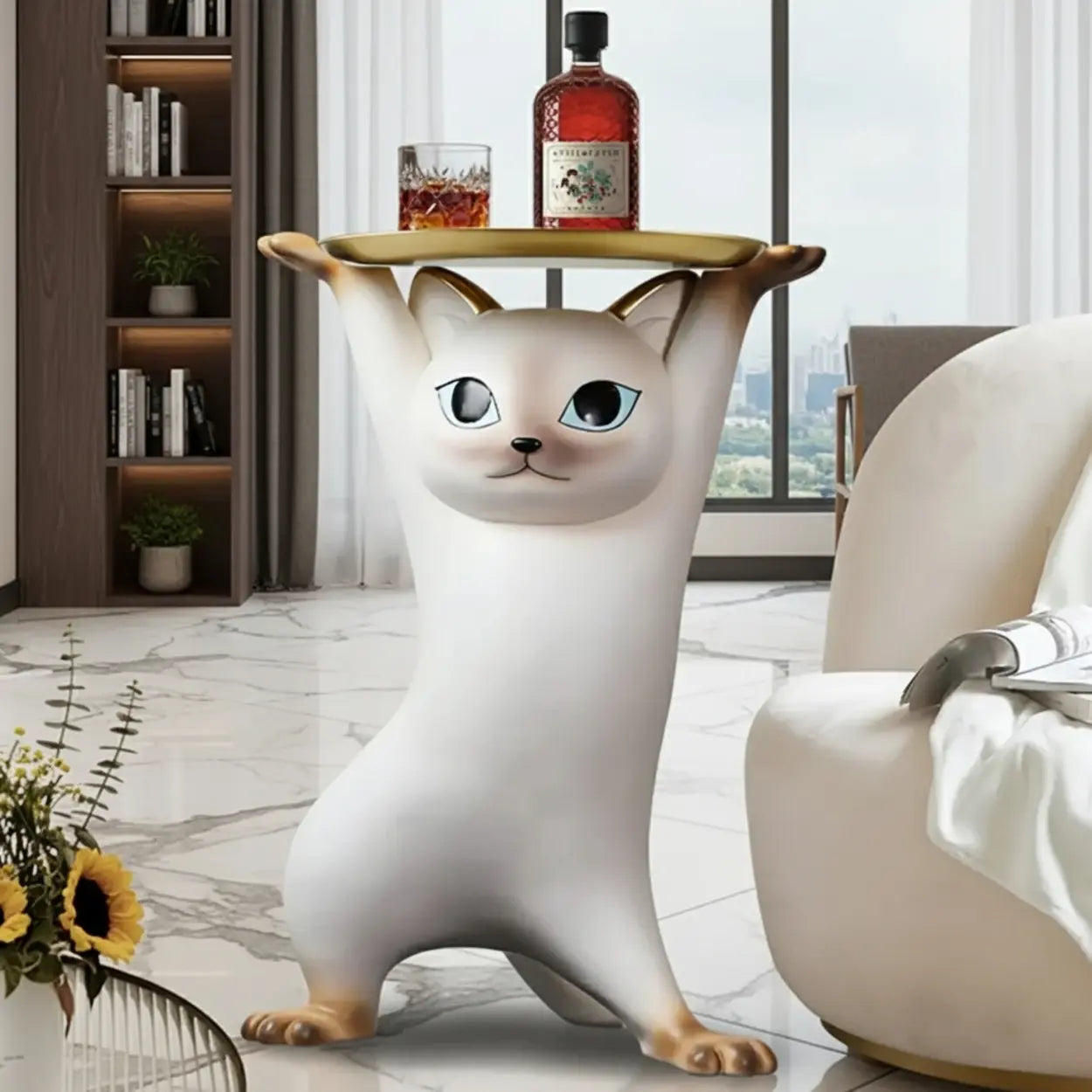 Unique Cat Figurine Resin White Decorative Side Table Image - 3