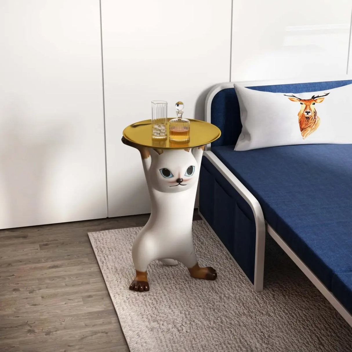 Unique Cat Figurine Resin White Decorative Side Table Image - 5