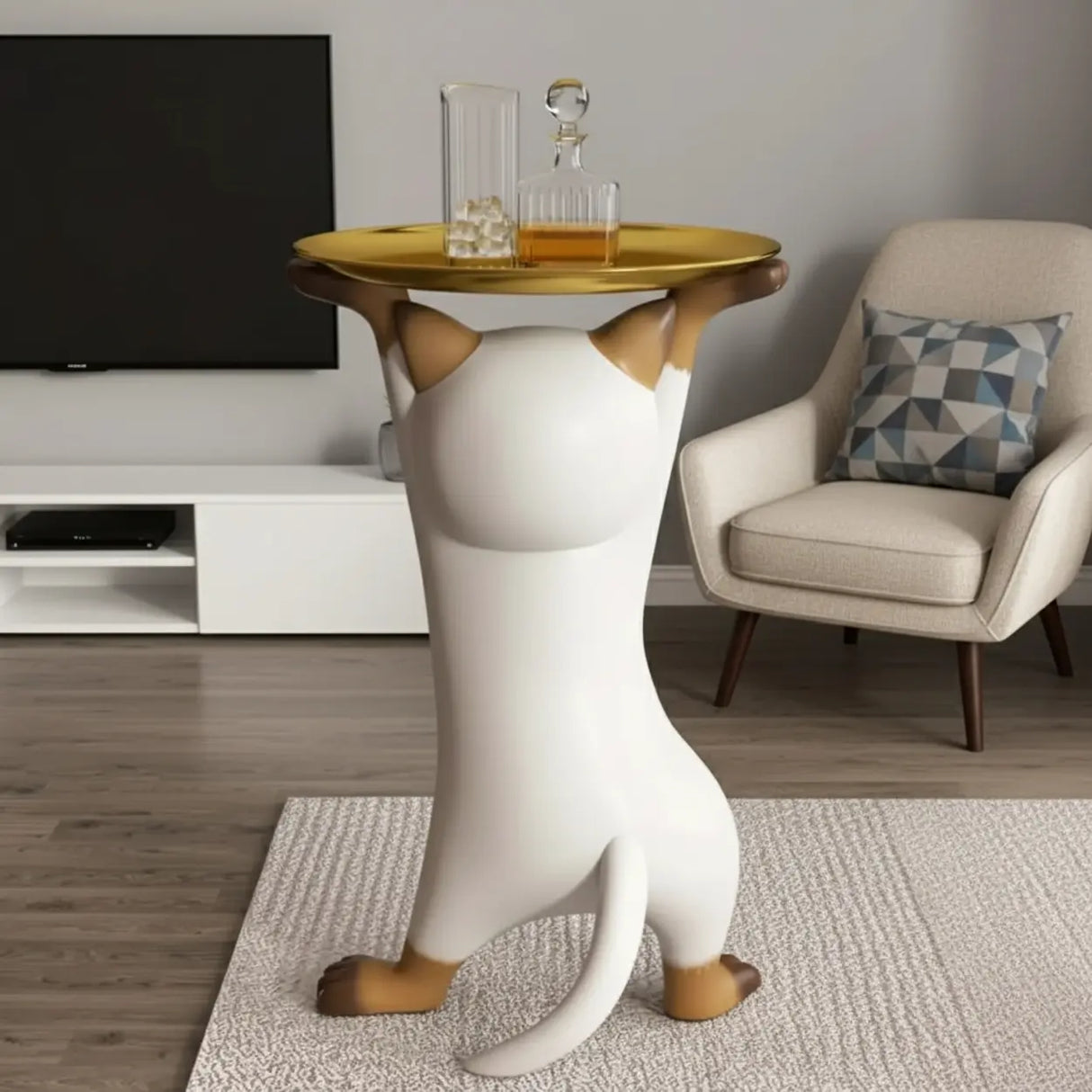 Unique Cat Figurine Resin White Decorative Side Table Image - 5