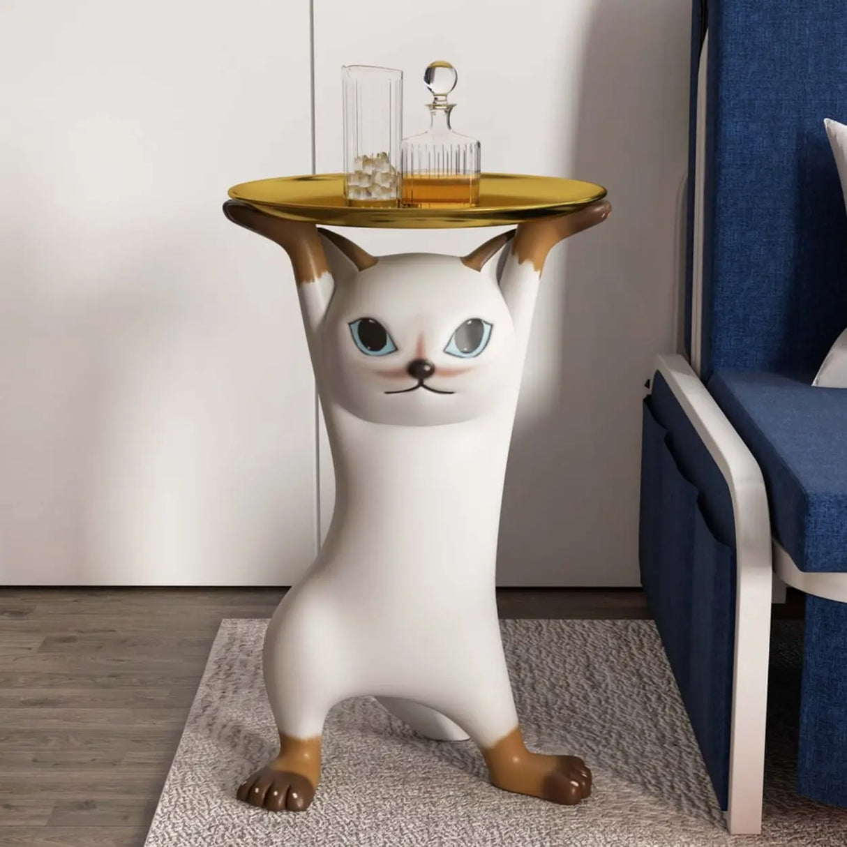 Unique Cat Figurine Resin White Decorative Side Table Image - 6