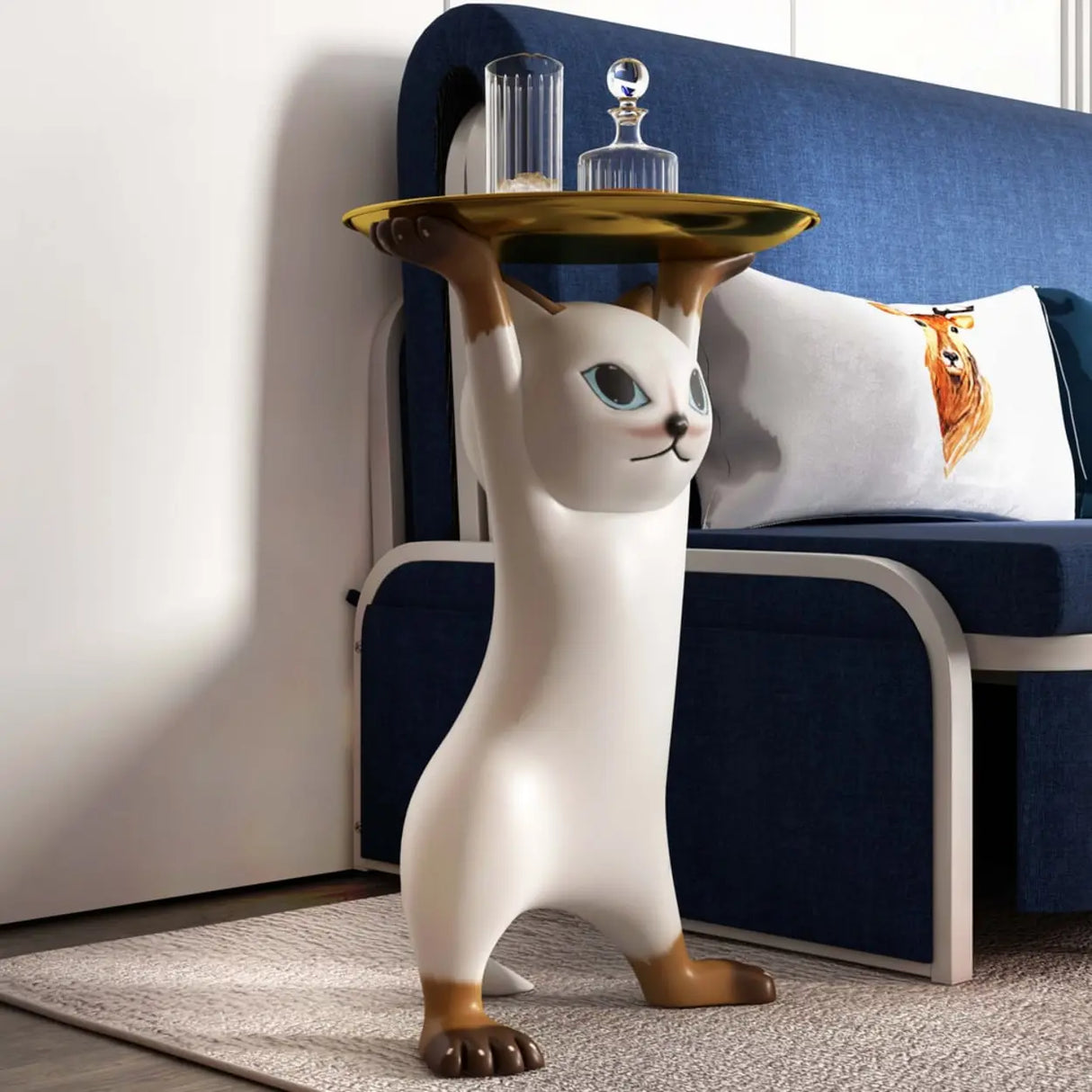 Unique Cat Figurine Resin White Decorative Side Table Image - 7
