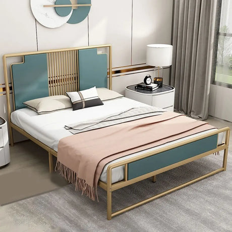 Unique Gold Queen Metal Faux Leather Headboard Bed Image - 1