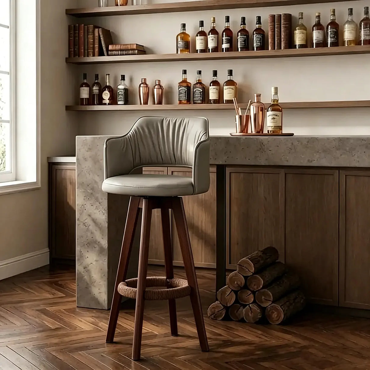 Upholstered Bar Stool with Curved Backrest, 6 Colors Image - 5