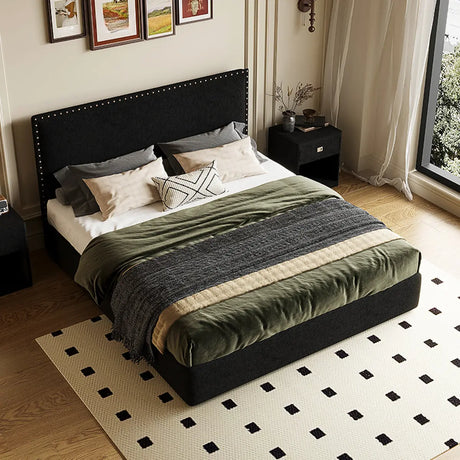 Upholstered Black King Fabric Headboard Panel Bed Frame Image - 1