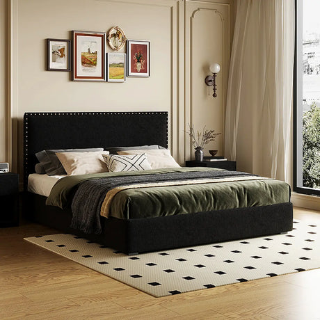 Upholstered Black King Fabric Headboard Panel Bed Frame Image - 2