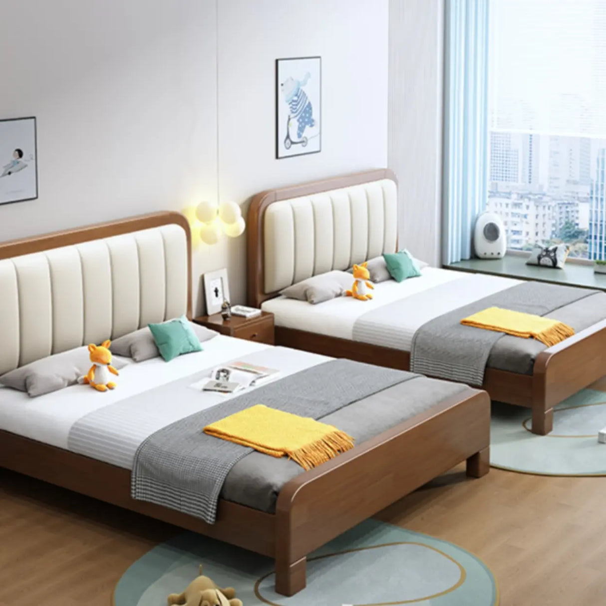 Upholstered Brown Footboard and Headboard Wood Slat Bed Image - 1