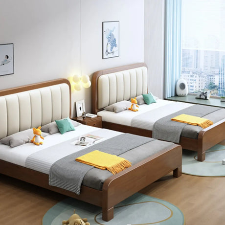 Upholstered Brown Footboard and Headboard Wood Slat Bed Image - 1