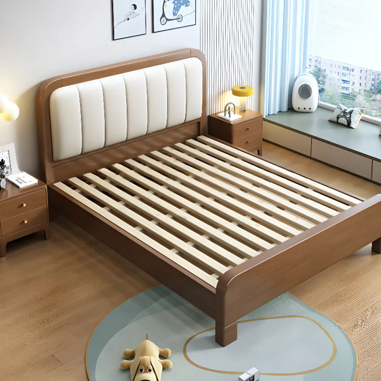 Upholstered Brown Footboard and Headboard Wood Slat Bed Image - 4