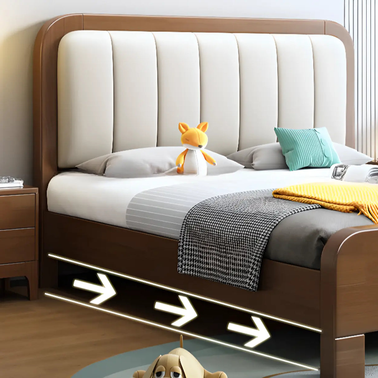 Upholstered Brown Footboard and Headboard Wood Slat Bed Image - 11
