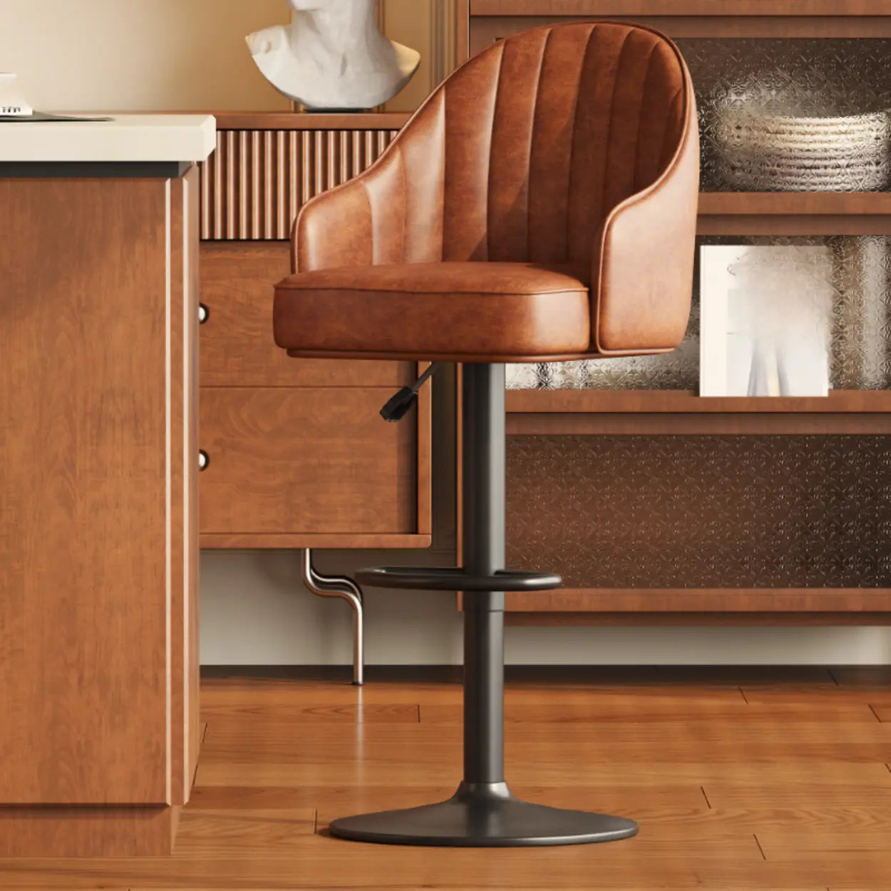 Brown Upholstered Leather Bucket Bar Stool with Arms and Low Back Image - 2