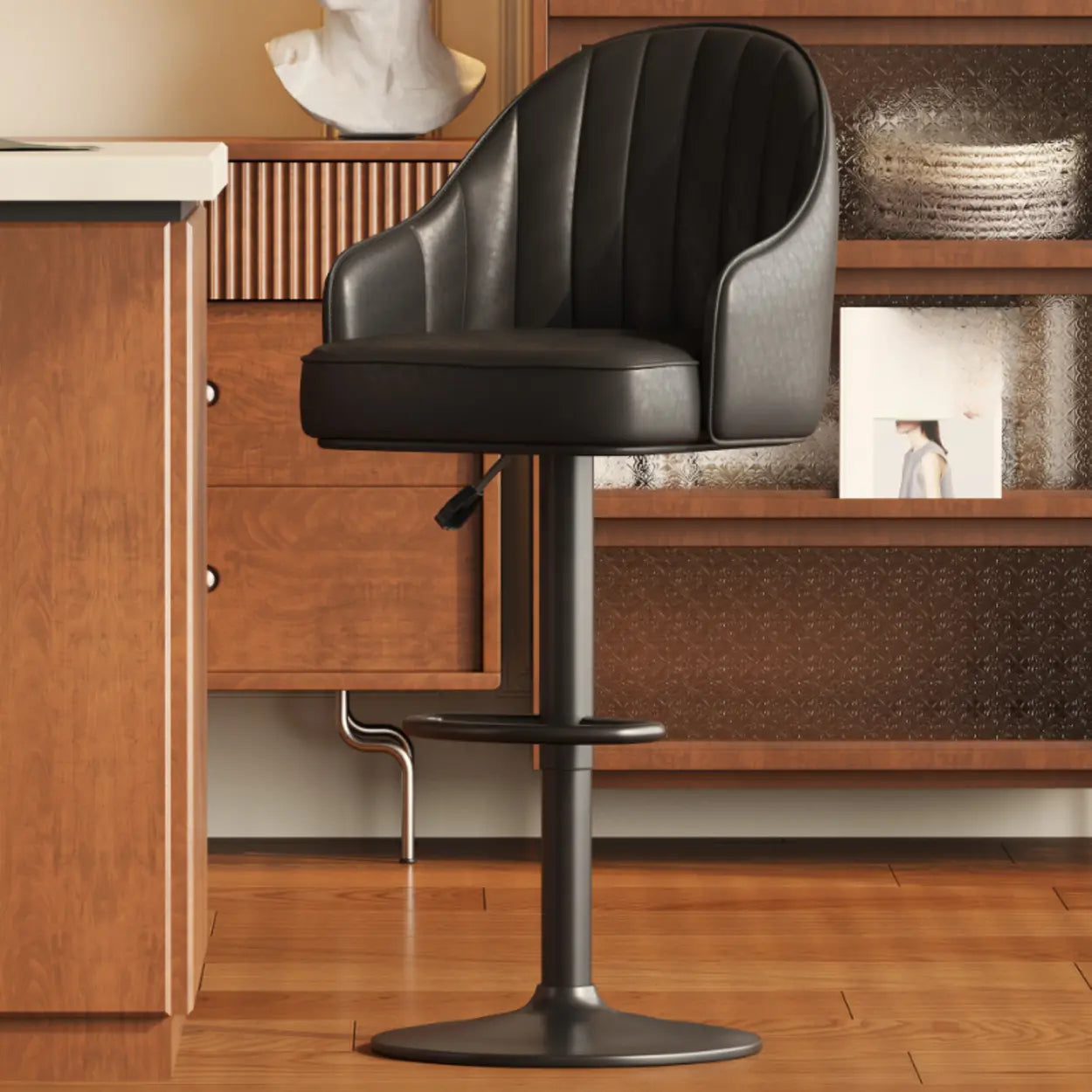 Black Upholstered Leather Bucket Bar Stool with Arms and Low Back Image - 4